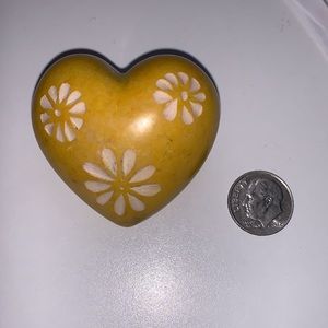 Yellow Heart Stone with three engraved Flowers about 2 Inches